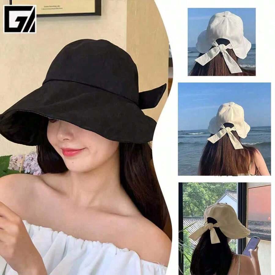 女士黑色蝴蝶结遮阳帽，新款防紫外线夏季旅行遮阳帽 - 彩色 - 查看 1
