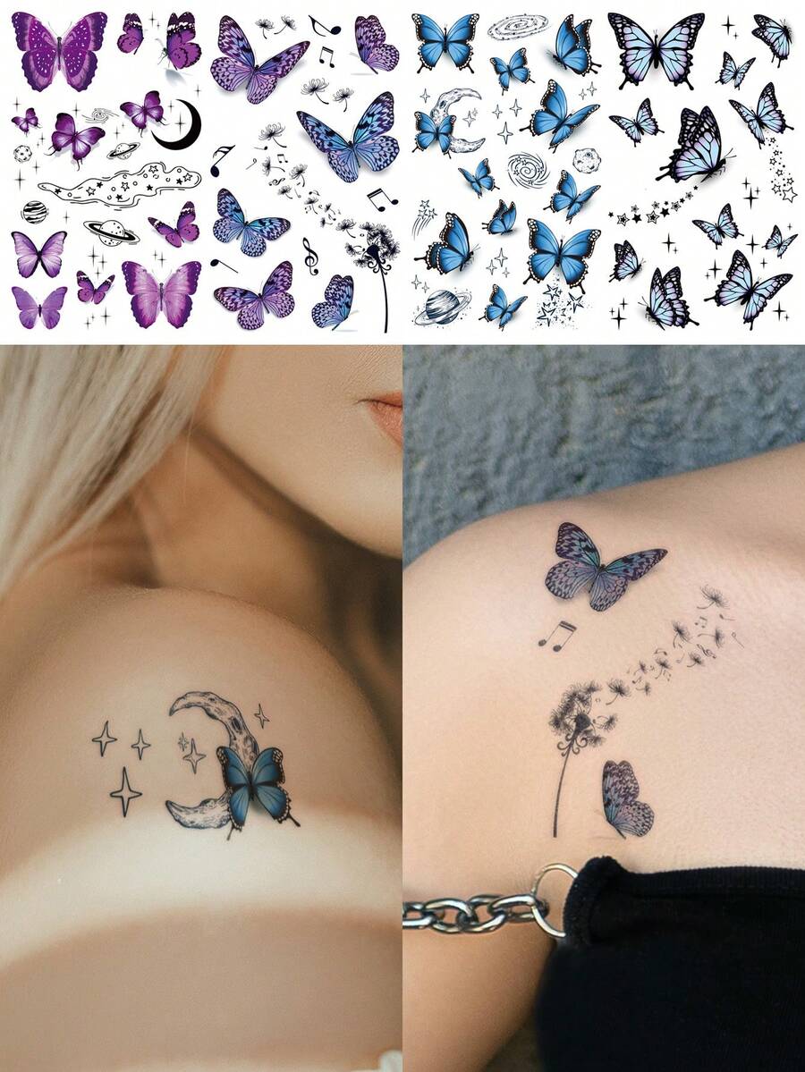 4 件装多色蝴蝶、新月、星星、蒲公英临时纹身贴纸，适用于手腕、肩膀、颈部、锁骨 - 彩色 - 查看 1