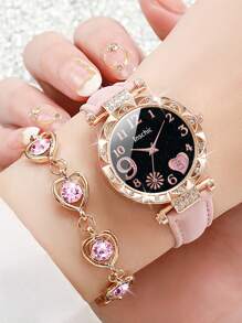 Conjunto de reloj de pulsera de cuarzo con esfera en forma de corazón decorada con rhinestones y pulsera con forma de corazón decorada con rhinestones, un regalo de moda minimalista para estudiantes que vuelven a la escuela en San Valentín - Rosa - Ver 1