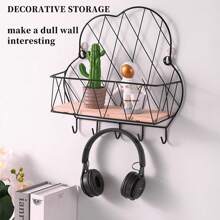 1個有木質橫板和掛鉤的門廳鑰匙架,壁掛式儲物架,裝飾性懸浮式客廳臥室牆壁壁架 - 黑色 - 查看 6