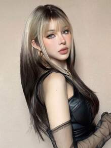 26 Inch Black & Gold Synthetic Wig, Suitable For Cosplay, Long Straight Hair With Bangs, Layered, Heat Resistant