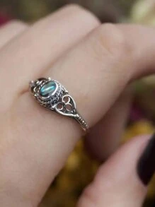 Vintage Ring Inlaid Egg Shape Silver Plated Zirconia Reflecting Colorful Lights Retro Celtic Flower Design On The Band Match Daily Outfits Party Accessory - Silver - View 1