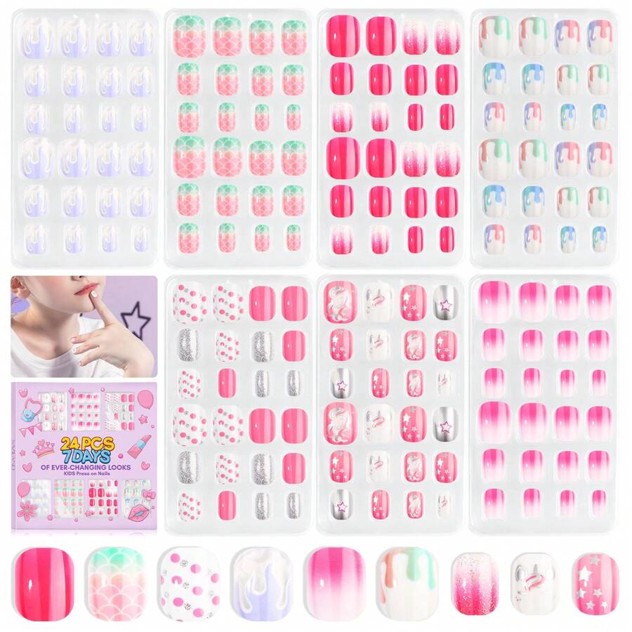 SAVILAND 168Pcs 7 Pack Press On Nails For Kids Children Fake Nails Stick On Nails Pre-Glue Full Cover Glitter Gradient Color Star Short Acrylic Nail Tips Nail Art Christmas Gifts For 8-12 Year Kids - 兒童指甲按壓02 - 查看 1
