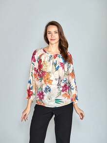 Blusa Campesina Floreada para Dama, Tallas M/L/XL, Manga Abullonada, Escote Ajustable, Tejido Ligero, Estilo Bohemio, Ideal Primavera-Verano, - Naranja - Ver 2