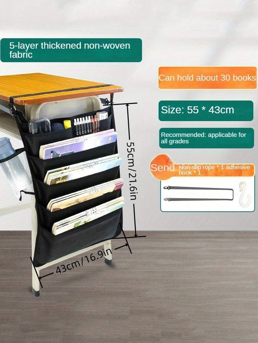1pc 5 Layer Desk Side Hanging Storage Bag Pen Rack Desk Classroom Hanging Storage Bag With Side Bag Book Bag Desk Storage Multifunctional Large Capacity Hanging Book Bag Shelf Artifact - Black - View 1