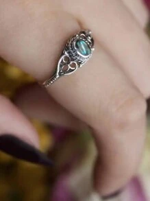 Vintage Ring Inlaid Egg Shape Silver Plated Zirconia Reflecting Colorful Lights Retro Celtic Flower Design On The Band Match Daily Outfits Party Accessory - Silver - View 2