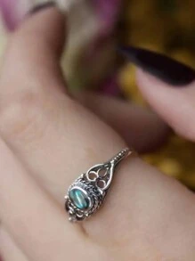 Vintage Ring Inlaid Egg Shape Silver Plated Zirconia Reflecting Colorful Lights Retro Celtic Flower Design On The Band Match Daily Outfits Party Accessory - Silver - View 3