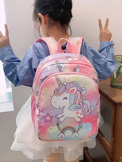 1pc Girls' Nylon Zipper Closure Cute Printed Rainbow & Unicorn Backpack, Suitable For Daily Use And Kindergarten