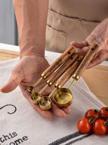 Ensemble De 8 Tasses Et Cuillères À Mesurer, 4 Tasses À Mesurer Et 4 Cuillères En Acier Inoxydable Doré Avec Manche En Bois, Cuisine/nourriture/liquide/cuisson, Gadget De Cuisine À Mesurer Délicat (or)