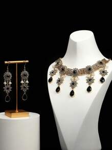 1 套 3 件歐美風格合金水鑽項鍊和耳環套裝適合女士日常佩戴 - 花朵 - 查看 7