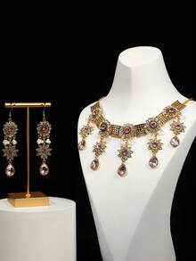 1 套 3 件歐美風格合金水鑽項鍊和耳環套裝適合女士日常佩戴 - 花朵 - 查看 4