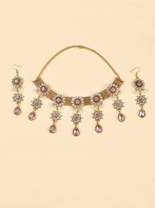 1 套 3 件歐美風格合金水鑽項鍊和耳環套裝適合女士日常佩戴 - 花朵 - 查看 3