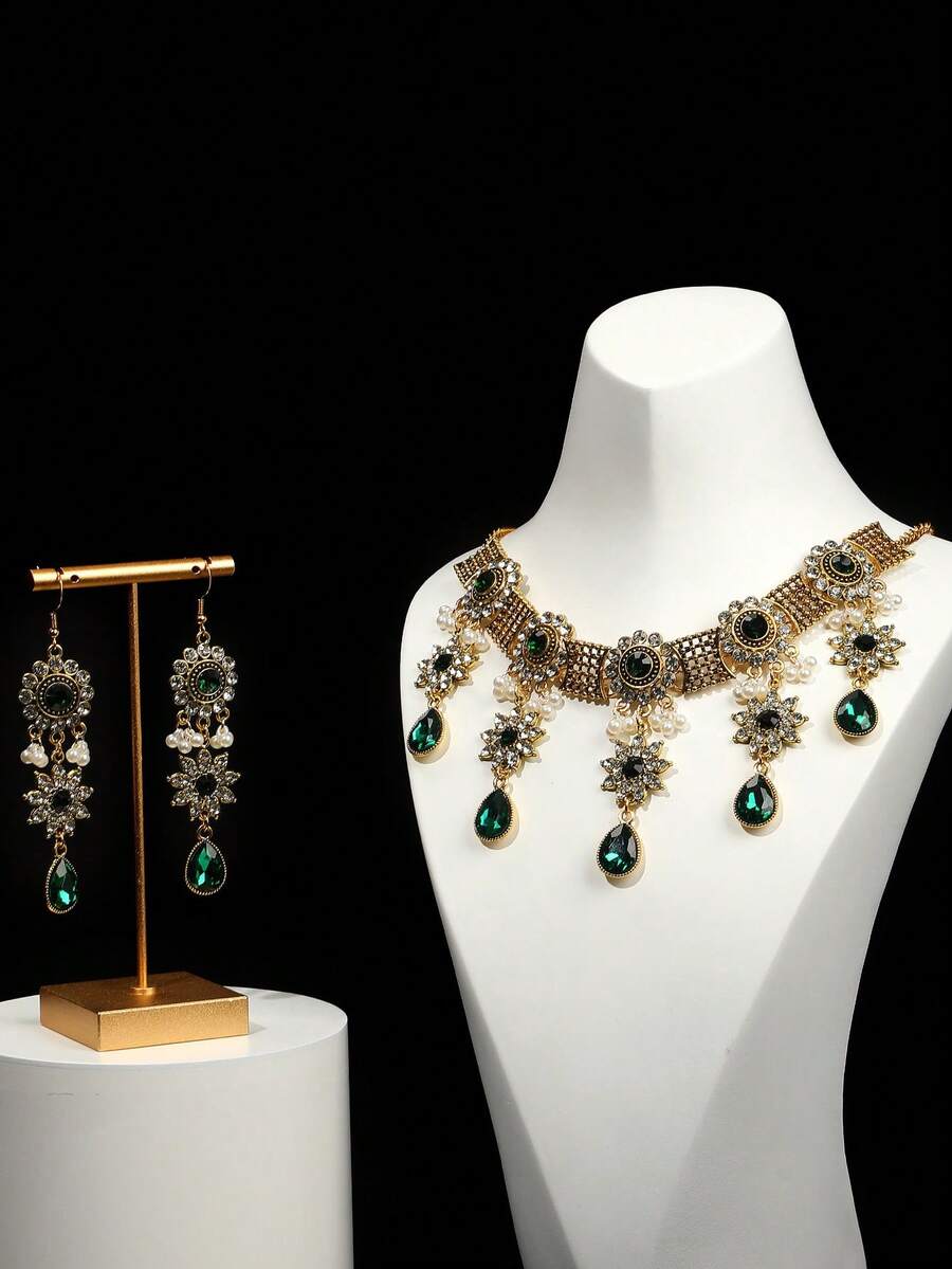 1 套 3 件歐美風格合金水鑽項鍊和耳環套裝適合女士日常佩戴 - 花朵 - 查看 1