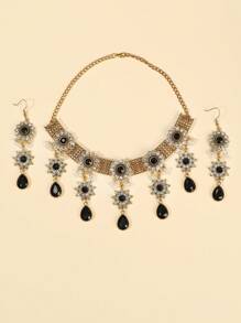 1 套 3 件歐美風格合金水鑽項鍊和耳環套裝適合女士日常佩戴 - 花朵 - 查看 6