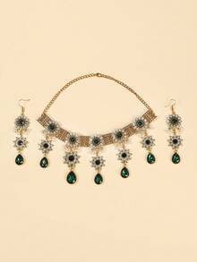 1 套 3 件歐美風格合金水鑽項鍊和耳環套裝適合女士日常佩戴 - 花朵 - 查看 10