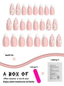 Get Charm 24 piezas/set de uñas postizas de cobertura completa, estilo margarita francesa blanca, forma ovalada larga, incluye pegamento de gelatina y lima de uñas, adecuado para fiestas, bailes, uso diario, suministros de uñas uñas falsas uña falsa uña acrílica