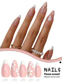 Get Charm 24 piezas/set de uñas postizas de cobertura completa, estilo margarita francesa blanca, forma ovalada larga, incluye pegamento de gelatina y lima de uñas, adecuado para fiestas, bailes, uso diario, suministros de uñas uñas falsas uña falsa uña acrílica