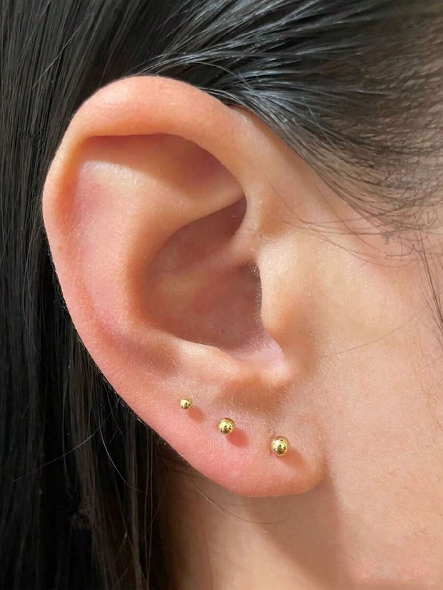 3件套925纯银球形耳钉套装，2毫米、3毫米、4毫米，金色，时尚首饰，女士礼物，婚礼及订婚场合适用