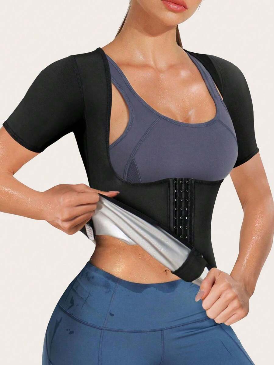 1入女士四季穿著可著用聚酯纖維材料扣環收腹衣,具有胸部支撐和腹部控制設計,非常適合運動