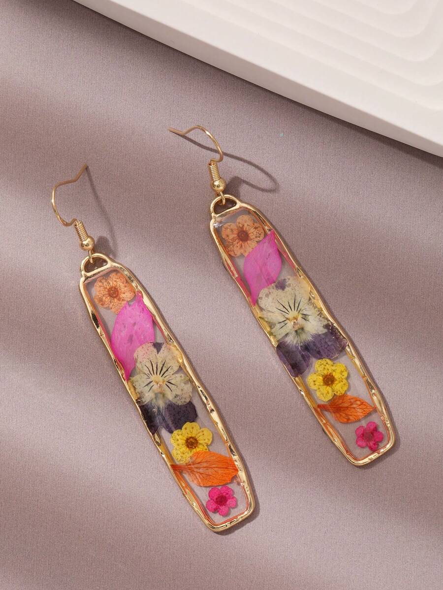 1pair Rectangle Dried Flower Resin Drop Earrings Suitable For Women's Daily Wear,Natural Dried Flowers, Random Shapes And Colors Valentines - Hot Pink - View 1