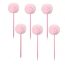 6pcs Plush Ball Cartoon Ballpoint Pens, Cute And Highly Attractive , Fluffy Pens In Multiple Colors, Colorful Ballpoint Pens Suitable For School Use, Back To School Gift (Pink) - Multicolor - View 1