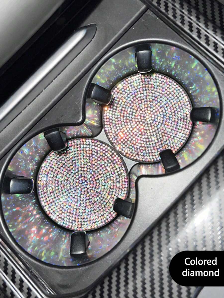 2pcs/Set Colorful Rhinestone Decor Car Cup Mats - Multicolor - View 1