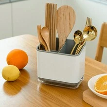 Hållare Ätpinnar Bur Med Dräneringshylla , Multifunktionell Bestick Förvaringslåda Med Genomskinlig 
Botten , Kök Arrangör - Aprikos - Visa 2