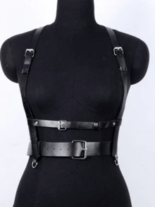 1 Miếng Của phụ nữ Hai lớp chất liệu da PU Harness Ngực & Eo Thắt lưng Với Sự trói buộc Dây đeo - màu đen - Xem 4