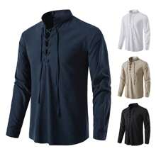 Camisa Cuello Mao Hombre Casual Manga Larga Estilo Escocesas - Azul Marino - Ver 1