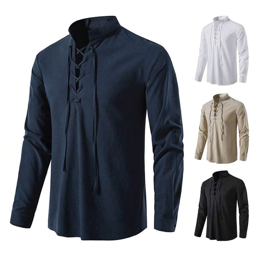 Camisa Cuello Mao Hombre Casual Manga Larga Estilo Escocesas - Azul Marino - Ver 1