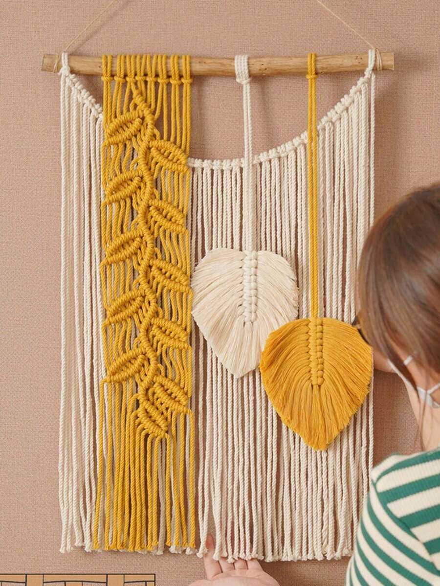 1入手工編織掛毯,波西米亞流蘇家居裝飾客廳牆面掛飾 - 黃色 - 查看 1