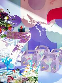 3入組手提袋狀人魚尾巴派對禮物盒，包裝烘焙禮物肥皂糖果巧克力餅乾盒，完美的紙板糖果巧克力禮物盒，用於婚禮派對和派對禮物盒，生日裝飾 - 彩色 - 查看 4