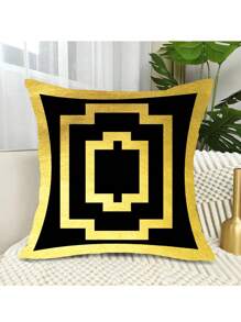 1pc Gold Line Design Geometric Cushion Cover For Home & Office Decoration, Soft Peach Skin Velvet Seat Pad Cover (Pillow Core Not Included) - Gold - View 2