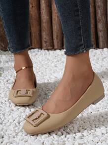 Của phụ nữ Mũi vuông Giày phẳng Với Khóa , Giải trí & Thiết kế đơn giản , Ánh sáng Màu Quả mơ Màu sắc - Màu be - Xem 3