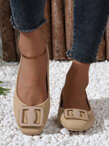 Của phụ nữ Mũi vuông Giày phẳng Với Khóa , Giải trí & Thiết kế đơn giản , Ánh sáng Màu Quả mơ Màu sắc - Màu be - Xem 4