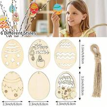 6 件/套復活節木蛋形狀裝飾吊墜 Diy 彩繪派對木質材料聖誕裝飾 - 彩色 - 查看 3