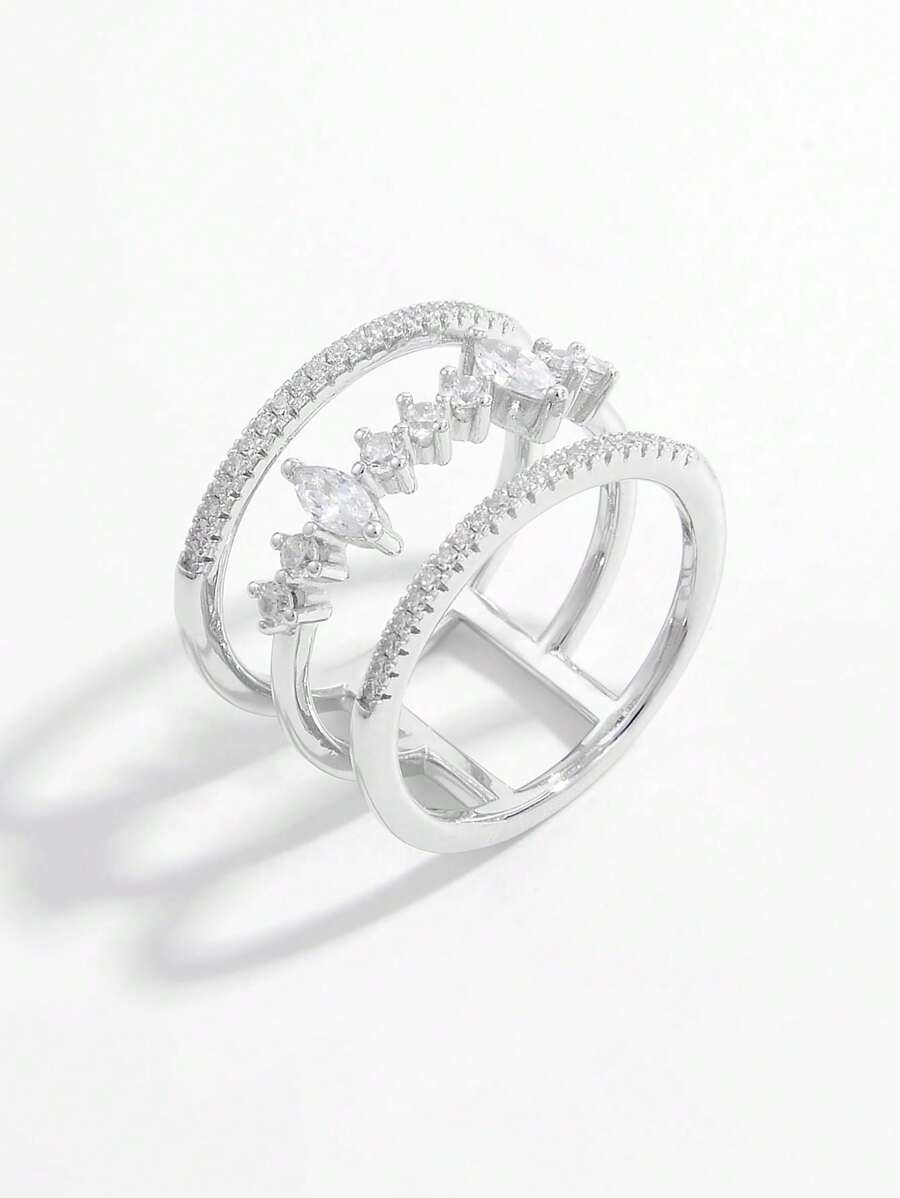 1pc Fashion Sterling Silver Cubic Zirconia Decor Layered Design Ring For Women For Decoration Gift