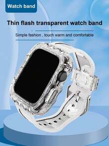 1入女性閃光透明矽膠手錶表帶和外殼，兼容蘋果手錶帶40mm、38mm、41mm、42mm、44mm、45mm，時尚運動手錶替代帶，適用於SE 8 7 6 5 4 3 2 1系列