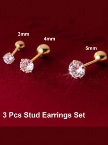 3pcs Bông tai stud Đối với phụ nữ , Sáng bóng Khối Zirconia  Mạ vàng 18K Thép không gỉ Hoa tai Đối với Xoắn ốc Hạt tai Xuyên - Vàng - Xem 2