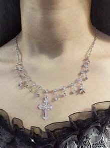 Diamond Inlaid Star Shaped Personalized Cross Tassel Pendant Necklace For Women, High-End Decor, Gothic Style, Suitable For Y2k Fashion, Making You Shiny And Unique - Silver - View 3