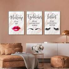 3pcs Pink Marble Cosmetic Eyelash And Eyebrow Canvas Painting Wall Art For Beauty Salon Decor, Modern Living Room And Bedroom Home Decor, No Frame
