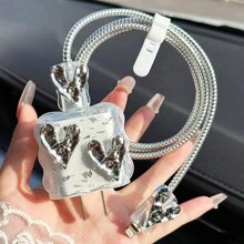 5件套 3D 电镀银心形卡通风格保护壳 适用于 Apple 20w/18w 充电器和数据线线缆保护器，充电器保护器 - 銀色 - 查看 1