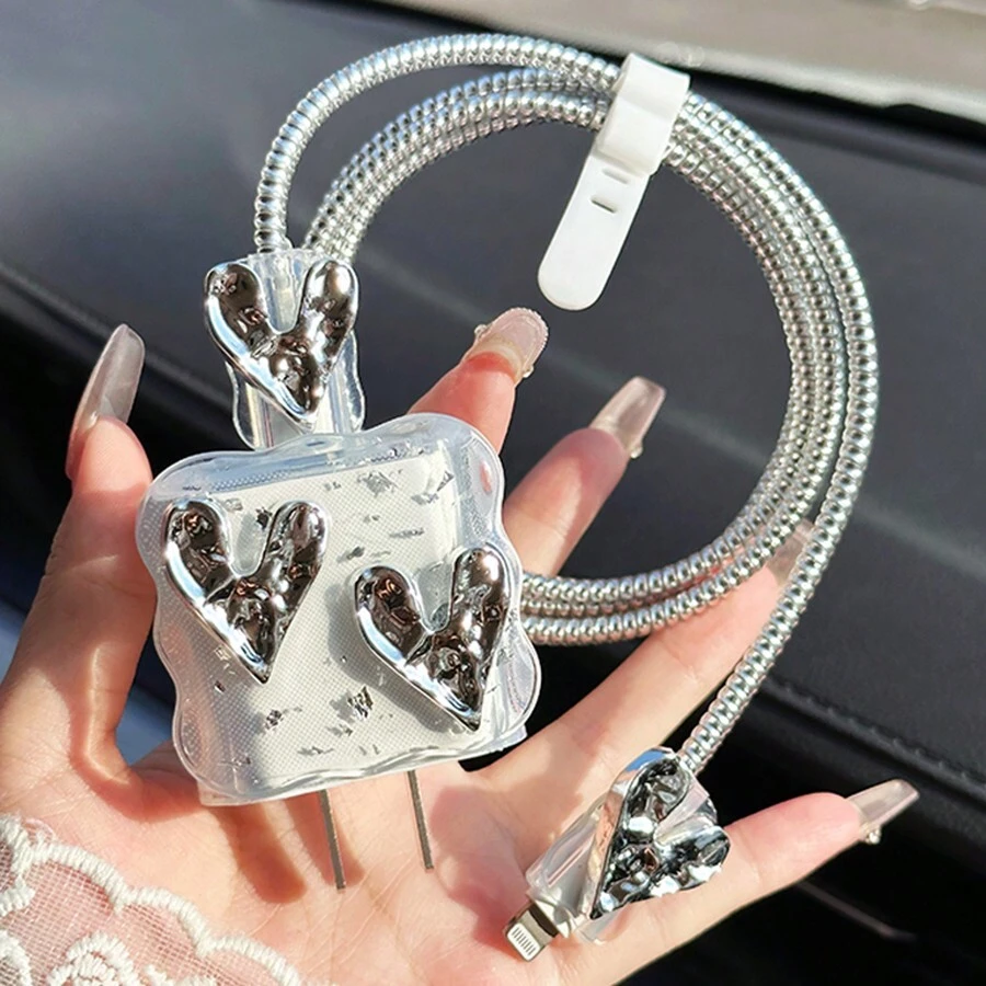 5件套 3D 电镀银心形卡通风格保护壳 适用于 Apple 20w/18w 充电器和数据线线缆保护器,充电器保护器 - 銀色 - 查看 1