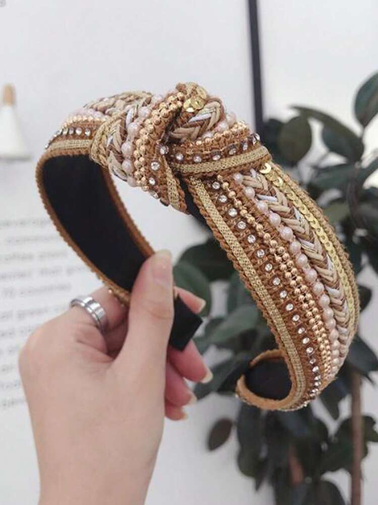 波西米亚风新款时尚女士发箍中心打结波西米亚发带成人休闲闪亮亮片个性发饰，多巴胺，发箍，发圈头带头饰 - 均碼 - 查看 4