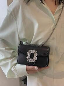 迷你水钻金属装饰斜挎包，时尚翻盖腋下包，配金属链条肩带，女士时尚钱包圣诞礼物 - 黑色 - 查看 3