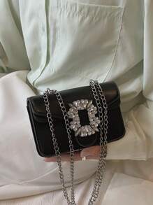 迷你水钻金属装饰斜挎包，时尚翻盖腋下包，配金属链条肩带，女士时尚钱包圣诞礼物 - 黑色 - 查看 7