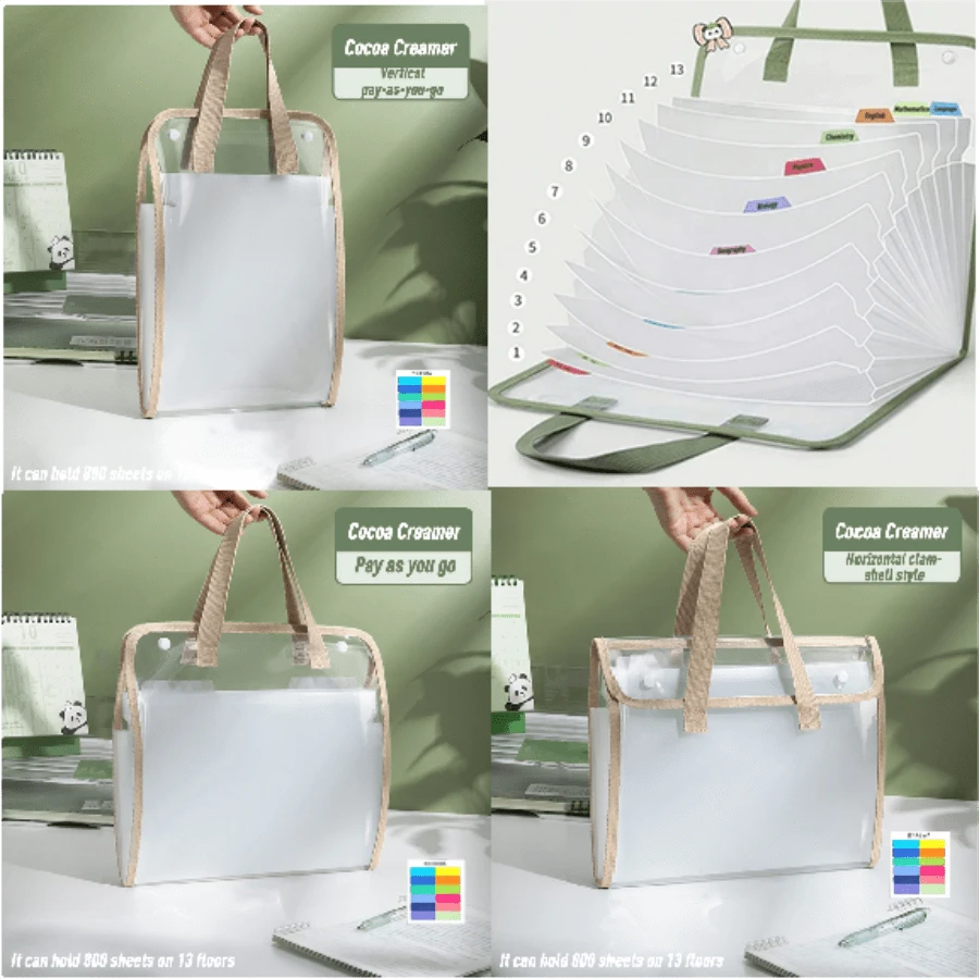 A4 File Storage Bag, Transparent Handbag, Accordion Style Carry Bag, Test Paper Bag, Zipper Closure Multiple-Layer Organizer For Primary School,Junior High And High School Students, Subject Classification For Homework And Papers - Brown - View 1