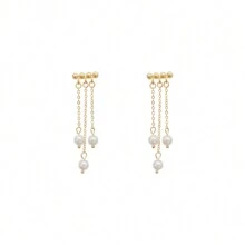 1對925銀針復古假珍珠流蘇耳環,配長鏈,適合女性,個性簡約的ins風格 - 金色 - 查看 5