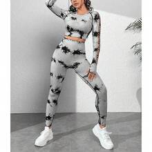 Conjuntos de Entrenamiento para Mujer Tie Dye Hollow Out Seamless Matching Tracksuit Gym Outfits Set - Gris - Ver 2