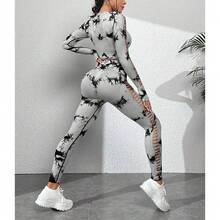 Conjuntos de Entrenamiento para Mujer Tie Dye Hollow Out Seamless Matching Tracksuit Gym Outfits Set - Gris - Ver 4